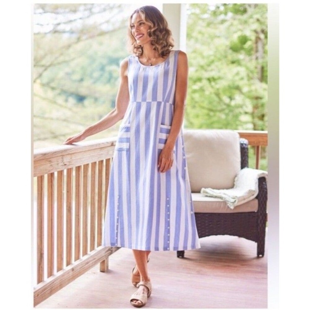 April Cornell W1/3X Nantucket Blue Stripe Midi Porch Dress Resortwear Preppy New